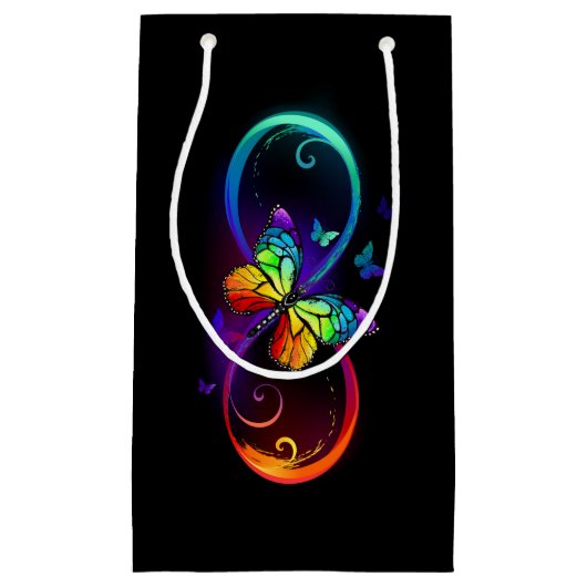 黒鮮やかに虹の蝶がある無限大 スモールペーパーバッグ (正面)