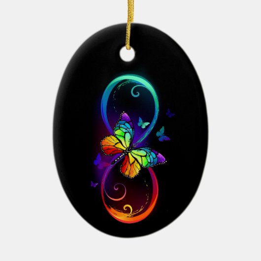 黒鮮やかに虹の蝶がある無限大 セラミックオーナメント (正面)