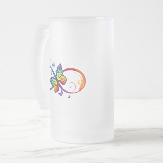 黒鮮やかに虹の蝶がある無限大 フロストグラスビールジョッキ (正面左)