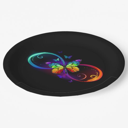 黒鮮やかに虹の蝶がある無限大 ペーパープレート (アングル)
