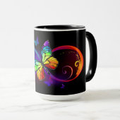 黒鮮やかに虹の蝶がある無限大 マグカップ (正面右)