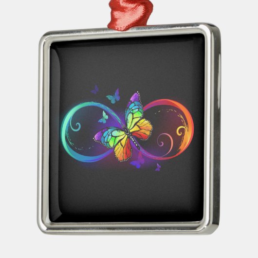 黒鮮やかに虹の蝶がある無限大 メタルオーナメント (左)