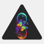 黒鮮やかに虹の蝶がある無限大 三角形シール (正面)