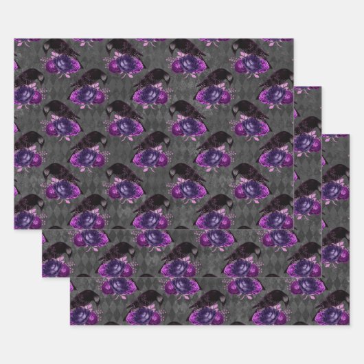 黒鳥と紫のバラ ラッピングペーパーシート (セット)