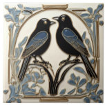 黒鳥アールヌーボー鳥アールデコ黒鳥 タイル<br><div class="desc">アールヌーボーのカラスの鳥，アートデコのヴィンテージのアンティークスタイリッシュ，華やかな鳥のカラス，上品なクラシッククリームブルー金ゴールド，野生動物の動物，伝統的 1920sの陶器のタイル，白いティール（緑がかった色）の暗いターコイズ, 自然の美しい鳥の黒い鳥の鳴き声，ハロウィーンのブラックバード</div>