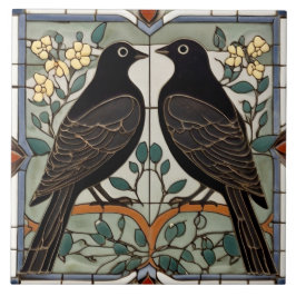 黒鳥フェイクステンドグラス鳥カップル タイル
