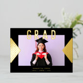 黒黄幾何学金ゴールド大学 箔招待状 (立ち正面)