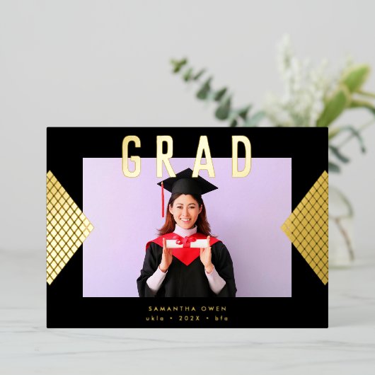 黒黄幾何学金ゴールド大学 箔招待状 (立ち正面)