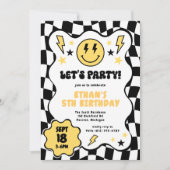 黒黄色のグルービーなスマイルチェック柄レトロ誕生日 招待状 (正面)