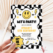 黒黄色のグルービーなスマイルチェック柄レトロ誕生日 招待状