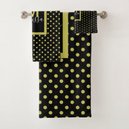 黒黄金モダン円パターンモノグラム バスタオルセット