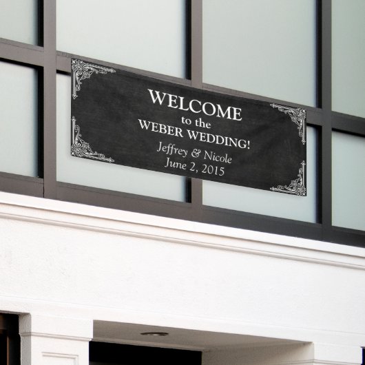 黒黒黒板素朴白の結婚花飾り 横断幕 (ビルの外側)