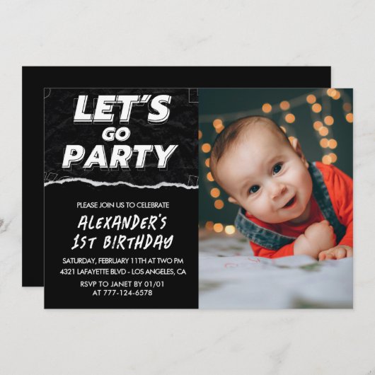 黒1歳の誕生日招待状Boy Photo 招待状 (正面/裏面)