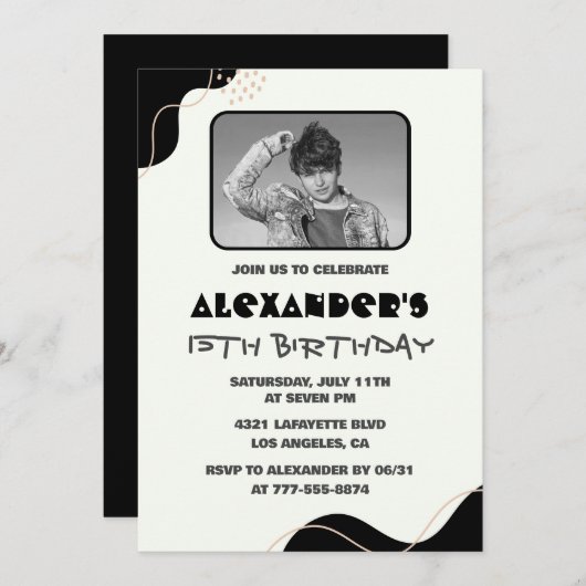 黒15歳の誕生日招待状メンズシンプル写真 招待状 (正面/裏面)