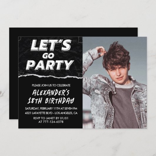 黒18歳の誕生日招待状メンズ写真 招待状 (正面/裏面)