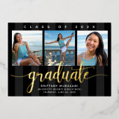 黒3枚の写真のモダン卒業ス実在クリプト金ゴールド 箔招待状 (正面)