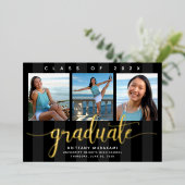 黒3枚の写真のモダン卒業ス実在クリプト金ゴールド 箔招待状 (立ち正面)