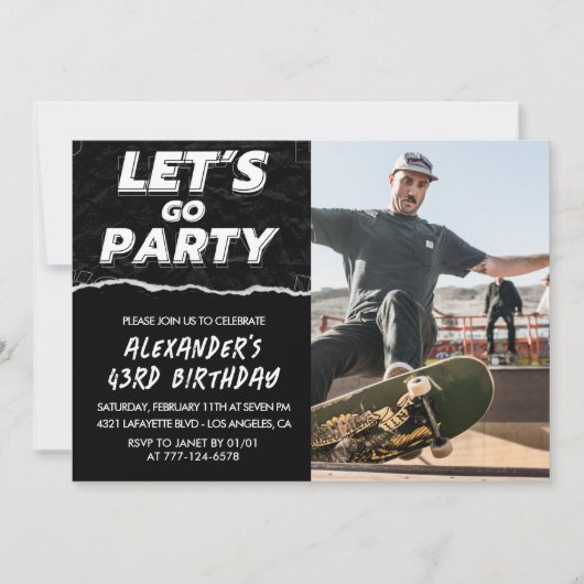 黒43歳の誕生日招待状メンズ写真 招待状 (正面)