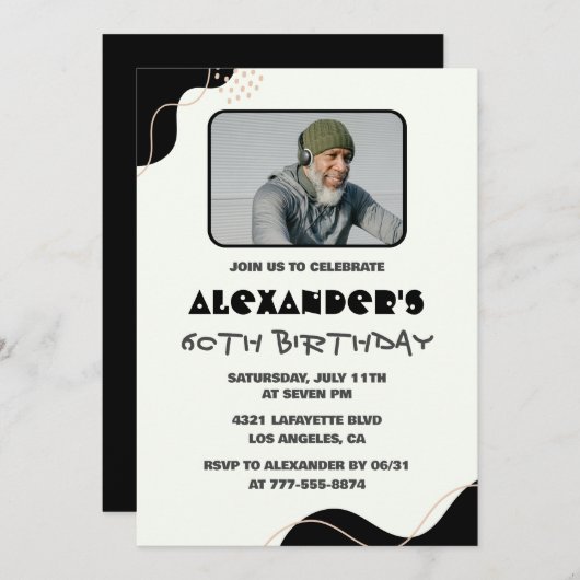 黒60歳の誕生日招待状メンズシンプル写真 招待状 (正面/裏面)