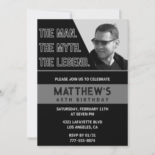 黒65歳の誕生日招待状ザ・マンザ・レジェンド 招待状 (正面)