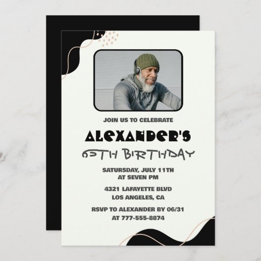 黒65歳の誕生日招待状メンズシンプル写真 招待状 (正面/裏面)