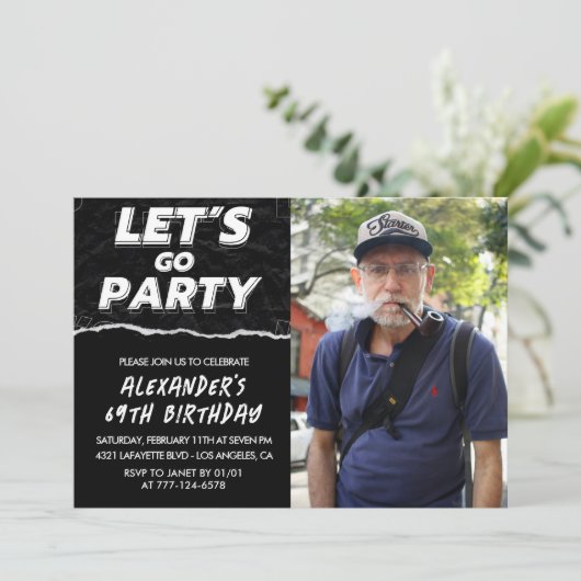 黒69歳の誕生日招待状メンズ写真 招待状 (スタンド正面)
