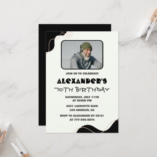 黒70歳の誕生日招待状メンズシンプル写真 招待状 (正面/裏面インサイチュ)