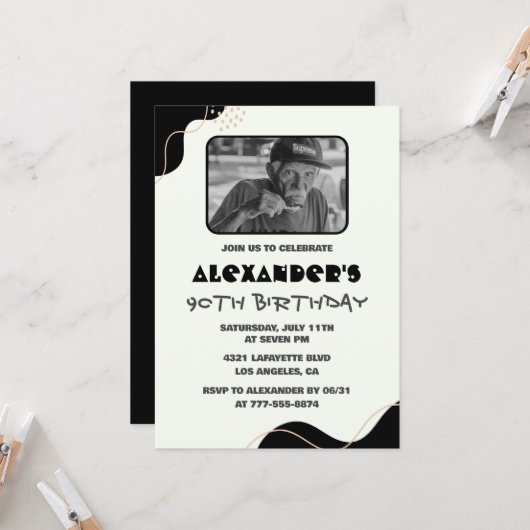 黒90歳の誕生日招待状メンズシンプル写真 招待状 (正面/裏面インサイチュ)