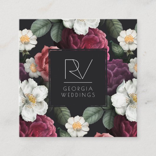 黒|のモノグラムのエレガントなヴィンテージの暗い花柄 スクエア名刺 (正面)