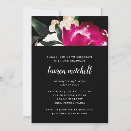 黒|の卒業生のパーティーの色彩の鮮やかなマグノリア 招待状 (正面)