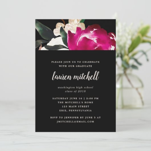 黒|の卒業生のパーティーの色彩の鮮やかなマグノリア 招待状 (スタンド正面)