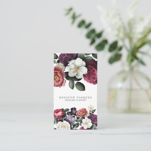 黒|の垂直のエレガントなヴィンテージの暗い花柄 名刺 (スタンド正面)