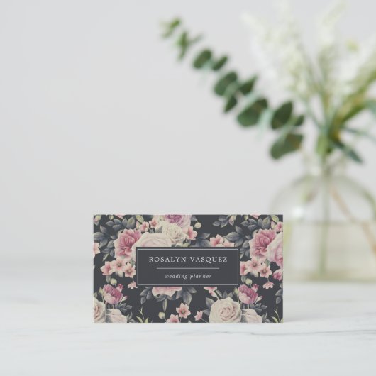 黒|の署名のヴィンテージの暗い花柄 名刺 (スタンド正面)