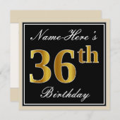 黒、エレガント金ゴールドフェイク36誕生日+名前 招待状 (正面/裏面)