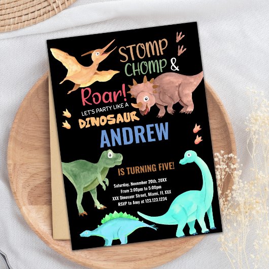黒 オレンジ 緑 恐竜 誕生日 招待状