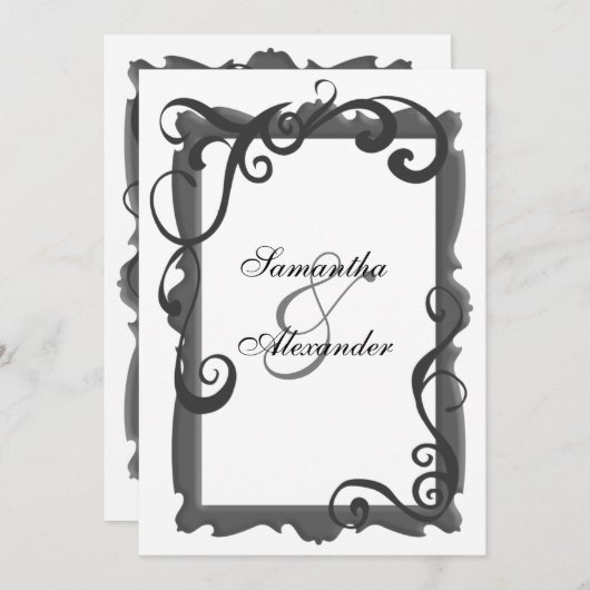 黒/グレーの白い旋回フレーム結婚式招待状 招待状 (正面/裏面)