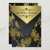黒, ゴールドの花柄 50周年 誕生日 招待状 2 (正面/裏面)
