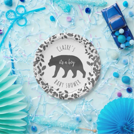 黒 + シロクマのカブスの群葉のベビーシャワー ペーパープレート (パーティー)