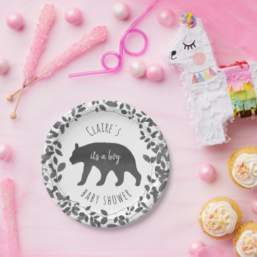 黒 + シロクマのカブスの群葉のベビーシャワー ペーパープレート (パーティー)