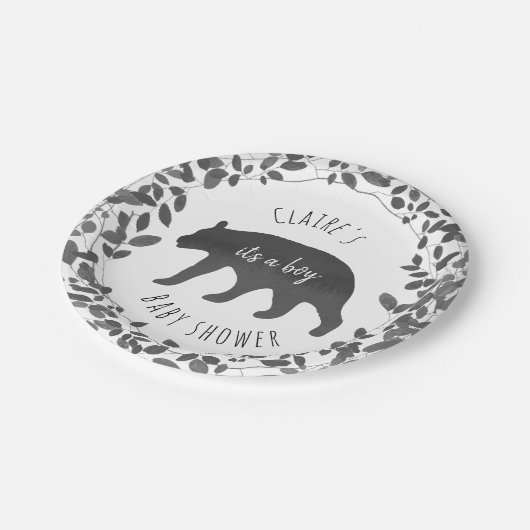 黒 + シロクマのカブスの群葉のベビーシャワー ペーパープレート (アングル)