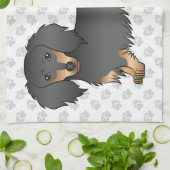 黒&タンロングヘアダックスンマンガートーン犬&ポーズ キッチンタオル (折り畳み)