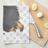 黒&タンロングヘアダックスンマンガートーン犬&ポーズ キッチンタオル (四つ折り)