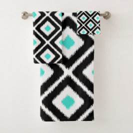 黒、ターコイズ、白イカットのひし形 バスタオルセット
