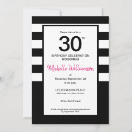 黒、ピンク、白のストライプ、30歳の誕生日パーティー 招待状