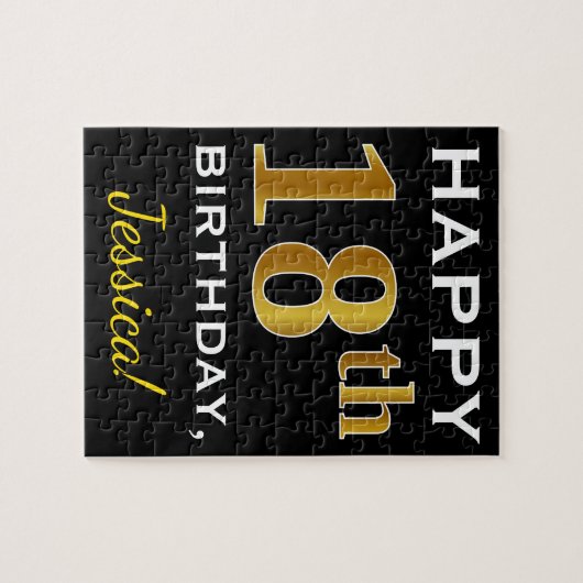 黒、フェイクな金ゴールドの第18誕生日 + 名前をカスタムする ジグソーパズル (横)