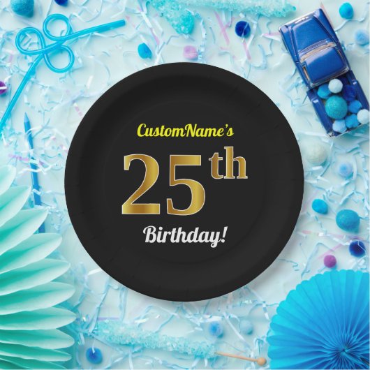 黒、フェイクな金ゴールドの第25誕生日 + 名前をカスタムする ペーパープレート (パーティー)