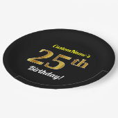 黒、フェイクな金ゴールドの第25誕生日 + 名前をカスタムする ペーパープレート (アングル)