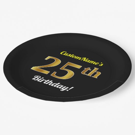 黒、フェイクな金ゴールドの第25誕生日 + 名前をカスタムする ペーパープレート (アングル)