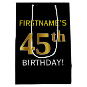 黒、フェイクな金ゴールドの第45誕生日 + 名前をカスタムする ミディアムペーパーバッグ (裏面)