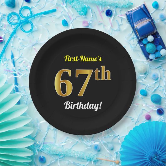 黒、フェイクな金ゴールドの第67誕生日 + 名前をカスタムする ペーパープレート (パーティー)